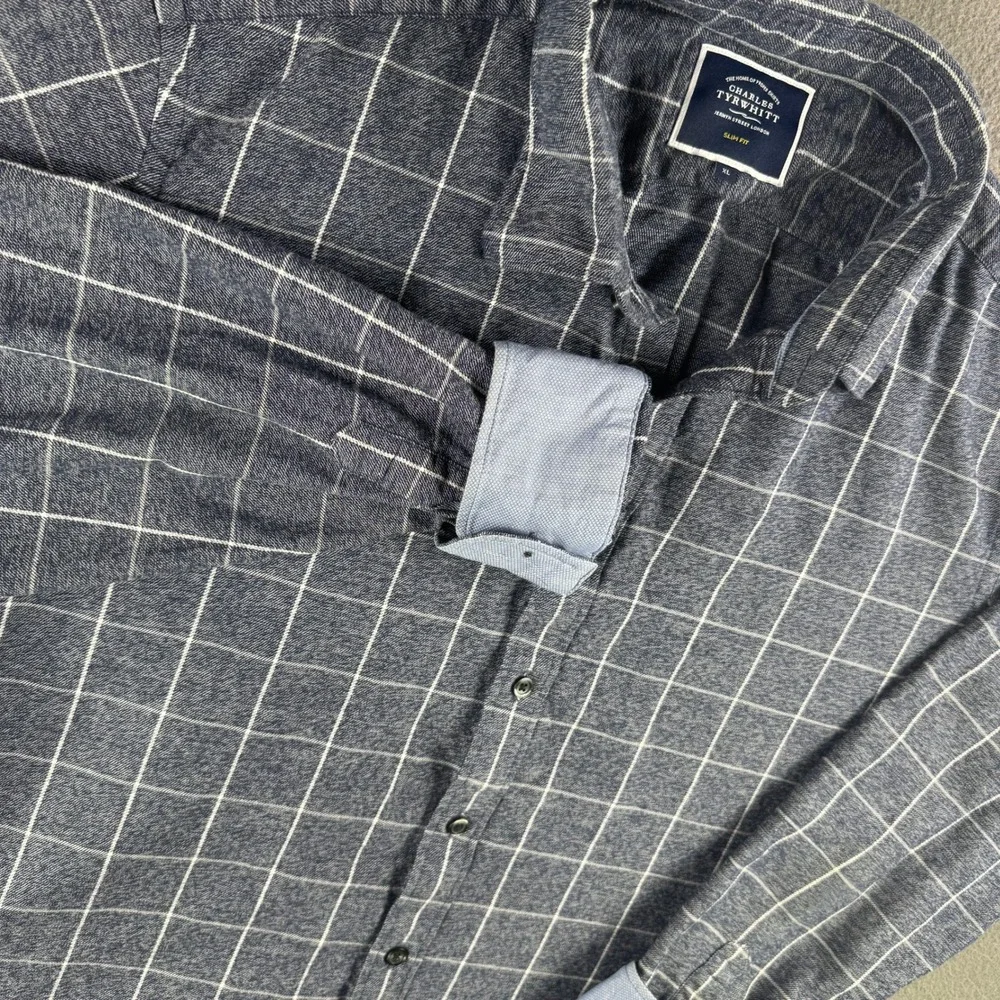 Charles Tyrwhitt Shirt Men XL Slim‎ Fit Gray Plaid 100% Cotton Flip Cuff Check - Picture 8 of 9